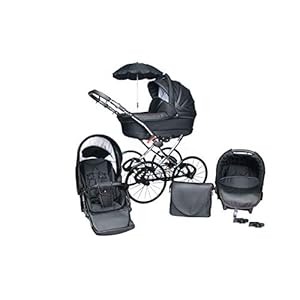 Lux4Kids Classico Retro kinderwagen deluxe parasol 27″spaakbanden lekvrij Black 02 3in1 (inclusief autostoeltje)