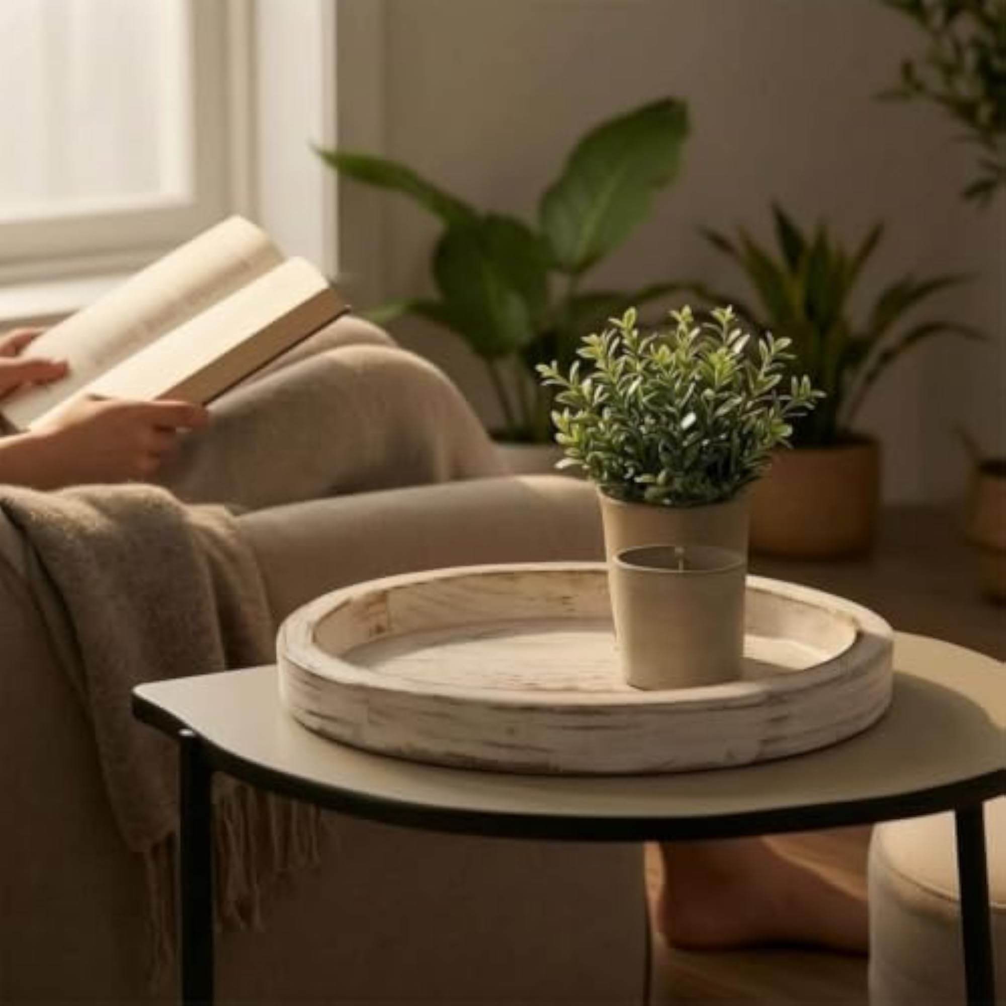 Rustic Whitewashed Candle Tray with Raised Rim
