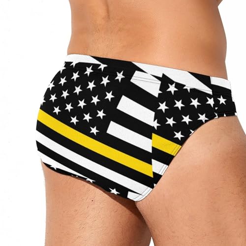 US Thin Yellow Line Flag Printed Swim Briefs for Men Sexy Bikini Swimwear Elastic Beach Trunks Bathing Suit4