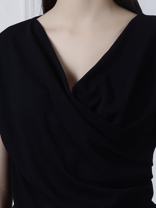 Image of NEUDIS Women Polyester Knit Solid Fitted Overlap Top
