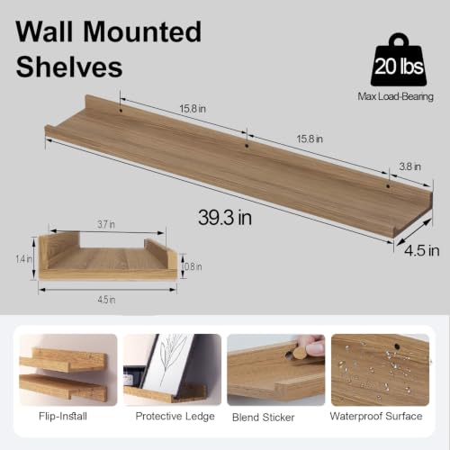 Image of Oak Floating Shelves for Wall Decor, 40 in Shelf with Lip, 2 Set | 4.5 inch Deep Display Picture Ledge Shelf, Long Wall Mounted Storage Shelves for Bedroom, Bathroom, Living Room, Kitchen, Nursery