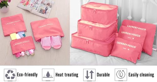Image of 6 in 1 Polyester Secret Pouch Travel Bag Packing Cubes Laundry Bag with Undergarments & Cloth Storage Organizer Travelling Set /Suitcase Cloth Cube Bag (ROZE RED 6 in 1 Travel Bag)