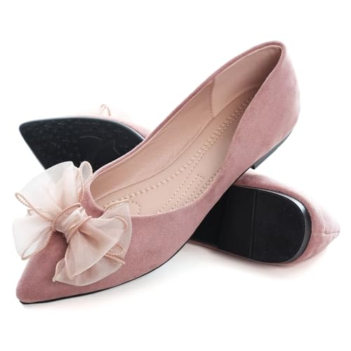 Image of SAILING LU Womens Bowknot Ballet Flats Pointy Toe Suede