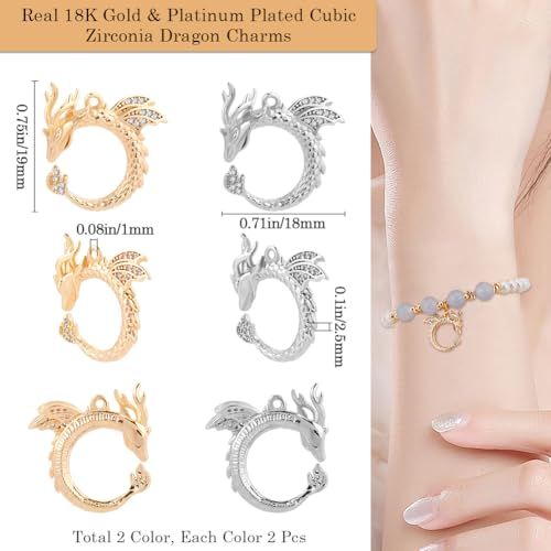 Beebeecraft 1 Box 4Pcs Flying Dragon Charm 18K Gold & Platinum Plated Brass Pendant Charms Round Dangle Cubic Zirconia Vintage Dragon Totem Charms for Jewelry Making Necklace Bracelet Supplies DIY - Image 2