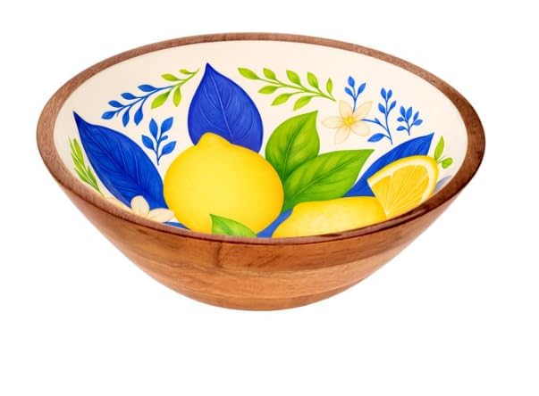 SIGNES GRIMALT Grand Saladier Motif Citrons – Bois de Manguier & Résine – Décor Agrumes Jaune Bleu – Ø 30 cm – Collection HappyDko