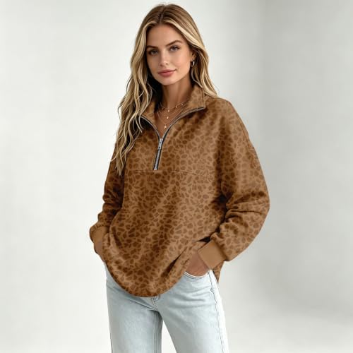 Womens Quarter Zip Pullover Leopard Printed Mock Neck Oversized Sweatshirt - image 5