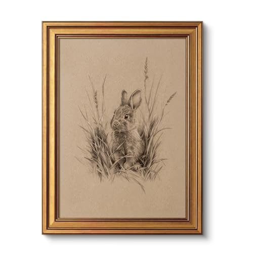 Image of VIYYIEA Vintage Gold Framed Wall Art for Living Room, Easter Canvas Prints Home Decor, Sketch Painting Picture, Bedroom Wall Decor Gifts for Friends or Family -【The Hidden Hare】-(16L x 12W)