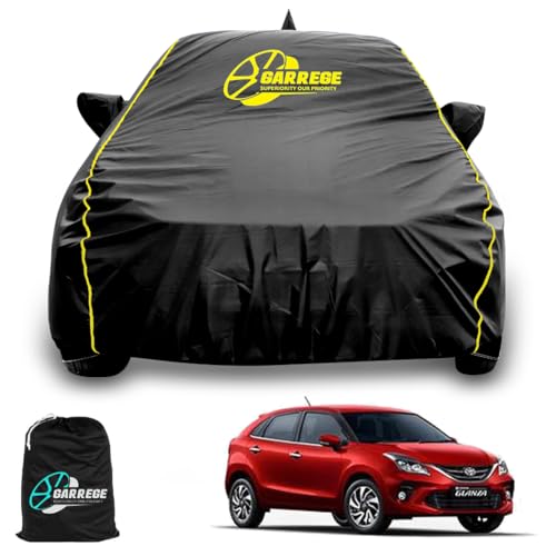 Image of Waterproof Car Body Cover Compatible with Toyota Glanza Car with Mirror & Anteena Packets Dust Proof & Belt with Elastic Black Colour & Yellow Piping Style