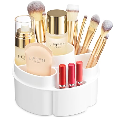 Image of Masirs Small 360 Rotating Makeup Organizer - Mini Yet Spacious Cosmetic Storage Solution with Multiple Compartments - The Perfect Spinning Make-Up Caddy for Vanity or Bathroom Counter (Round - White)