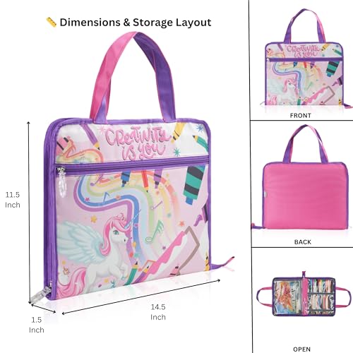 Image of Echo Boomers A4 Kids Drawing Bag | Art & Stationery Organizer with Zipper Pocket (Creativity Vs You) Unicorn Theme