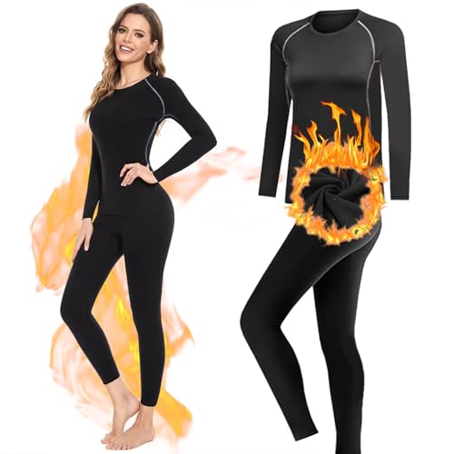 Women Thermal Base Layer Set, Quick Dry Velvet Lined Compression Long Sleeve Tops and Leggings for Ladies Girls Winter Warm, Soft Athletic Stretch Underwear for Biking Ski Running Gym Sport