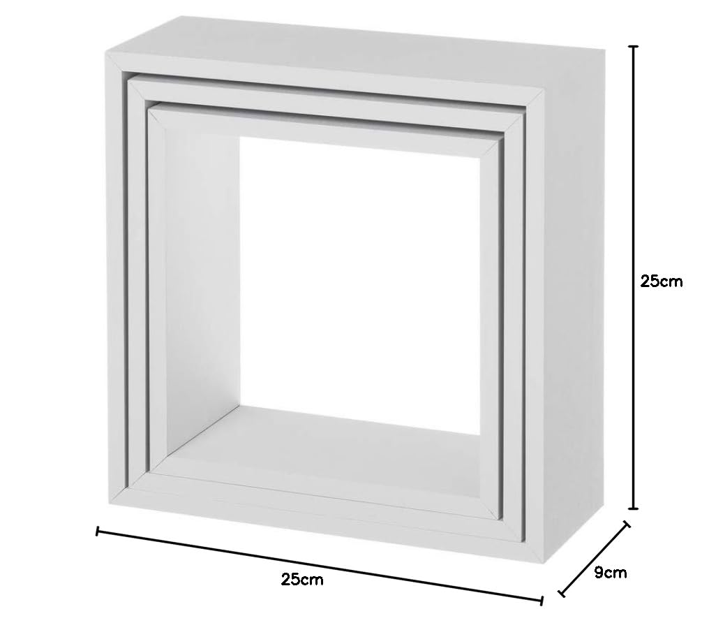 LOLAhome Set de 3 Estantes Cubo Grandes de Madera MDF Blancos/Capacidad 5 kg / 2 Tamaños Disponibles/Incluye herrajes de Pared/Estantes Flotantes con 3 Medidas 30, 27 y 24 cm