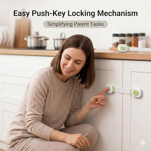 Image of Safe-O-Kid Push Key Multipurpose Child Safety Lock for Cabinets, Drawers, Fridge & Cupboards | Baby Safety Lock with Strong Adhesive | Prevents Finger Pinch Injuries | Pack of 2, (Green)
