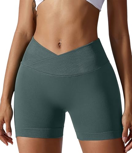 YOAKUKA Women Workout Shorts V Cross High Waist Yoga Shorts Sport Seamless Athletic Booty Scrunch Gym Shorts Dark Green