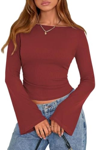 Cuptacc Langarmshirt Damen Glockenärmel Elegant Oberteile Slim Fit Herbst | Bateau-Ausschnitt,Seitlich Gerafft,Rippstrick,Figurbetont,Locker Fallende Ärmel,Y2K Stil,Party,Weich Ela