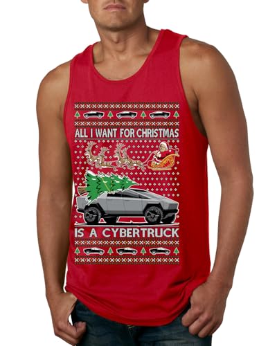 All I Want for Christmas is a Cybertruck Funny Tech Cyber Truck Elon Musk Santa Claus Reindeer Meme Ugly Christmas Mens Tank Top, Red, X-Large