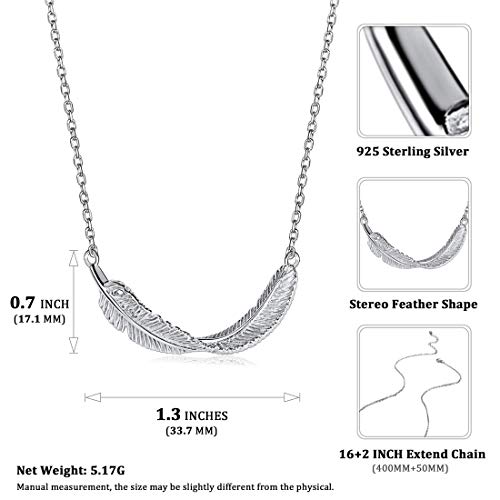 Chicsilver Feather Pendant 925 Sterling Silver Horizontal Sideways Platinum Plated Necklace For Women 16 Inches #TOP2