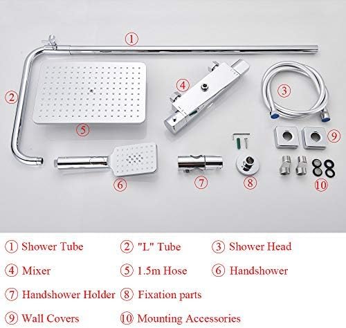 Rubinetto Doccia Cromato, Rubinetto termostatico per Vasca, soffione Doccia a Pioggia, Miscelatore per Vasca da Parete, Set Doccia con termostato, Tubo Tondo Cromato, Tubo Tondo CR