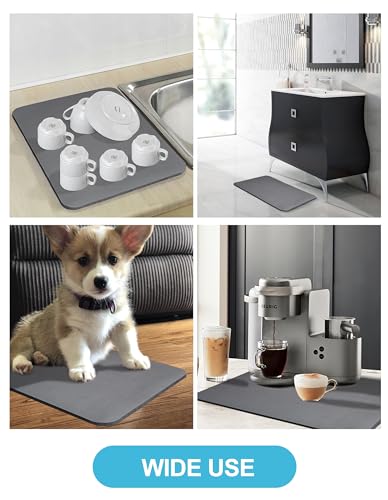 Dish Drying Mat for Kitchen Counter, 16"x24" Dish Drying Pad with Non-slip Rubber Backed, Hide Stain Anti Absorbent for Kitchen Counter, Drying Mat for Coffee Machine Dish Rack (Grey)