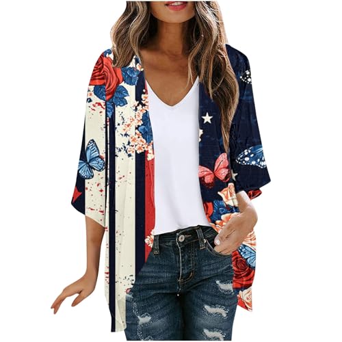 3/4 Sleeve America Flag Cardigan for Women 4th of July Independence Day Patriotic Kimono Cover Up Blouse Summer Top