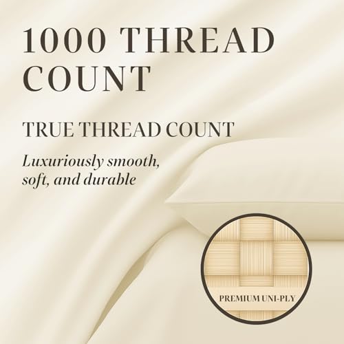 Hyde Lane Luxury 1000 Thread Count 100% Cotton Sheets | Very Soft & Thick - Fits Upto 20\" Mattress | Sateen Weave Bed Sheets 18\" Deep Pocket- 4 PC Sheet Set (Ivory/Cream, King)