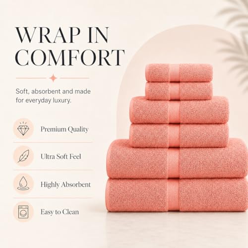 Image of Sulfar 100% Combed Cotton, 6 Pcs Towel Set - 2 Bath Towels (70 x 140 cm), 2 Hand Towels (40 x 70 cm) and 2 Face (30 x 30 cm) (600 GSM, Pack of 6) Coral Pink