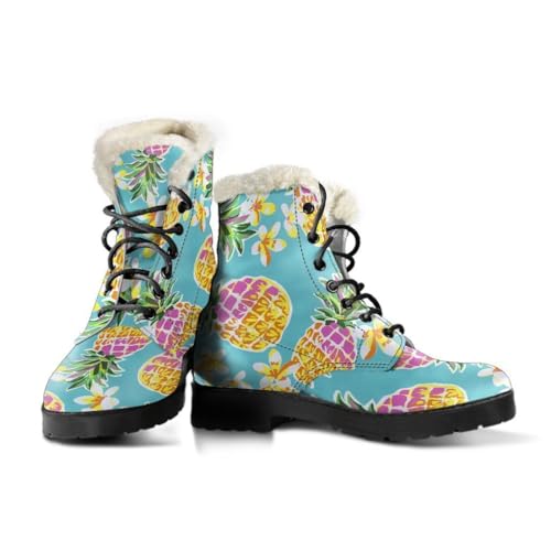 Summer Pineapple Faux Fur Leather Boots - Aloha Theme Print