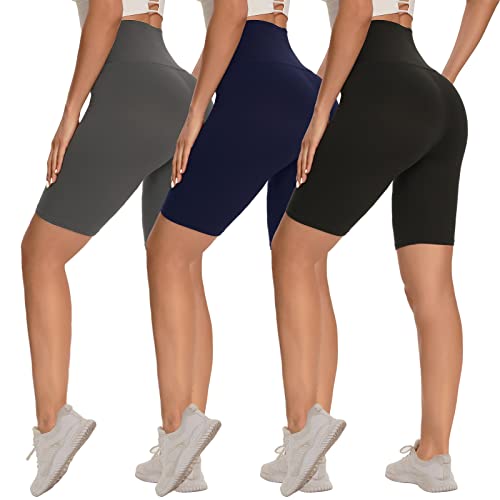 3 Pack Biker Shorts for Women – 8"/5"/3" High Waisted Tummy Control Workout Yoga Running Athletic Shorts Black/Dark Grey/Navy Blue XX-Large 8 IN