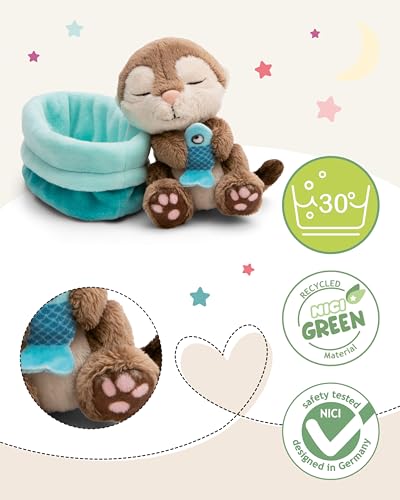 NICI Kuscheltier Otter mit Fisch 12cm schlafend im Körbchen - grau - Stofftier aus weichem Plüsch, niedliches Plüschtier zum Kuscheln und Spielen, für Kinder & Erwachsene - 61582