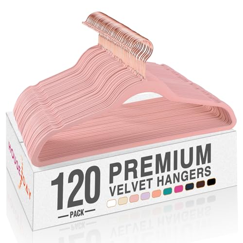 Image of HOUSE DAY Pink Velvet Hangers 120 Pack, Premium Clothes Hangers Non-Slip Felt Hangers, Sturdy Black Hangers Heavy Duty Coat Hangers, Durable Suit Hangers, Space Saving No Hanger Mark Rotating Hook
