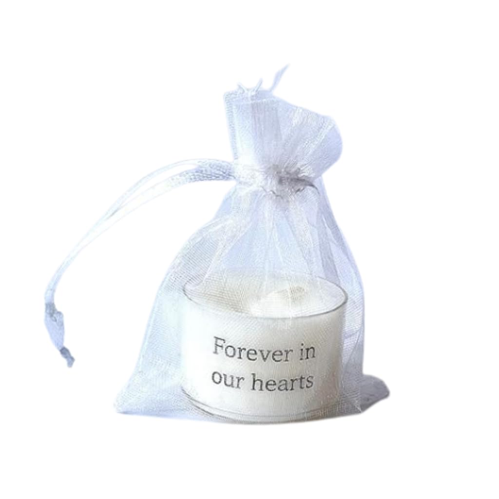 10x Memorial Tealight Candle with Organza Bag, Funeral Favour, Bereavement Gift, Remember Loved One (Forever in Our Hearts)
