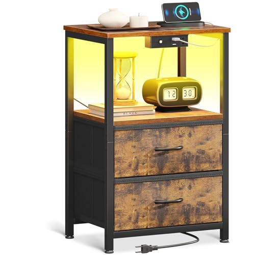 Casaottima Night Stand with Charging Station and LED Lights, End