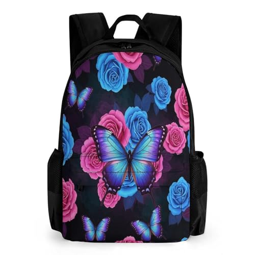 Travel Backpack, Pink Blue Rose Butterfly Durable Spacious Shoulder Bag with Adjustable Strap, Women Men Portable Versatile Daypack