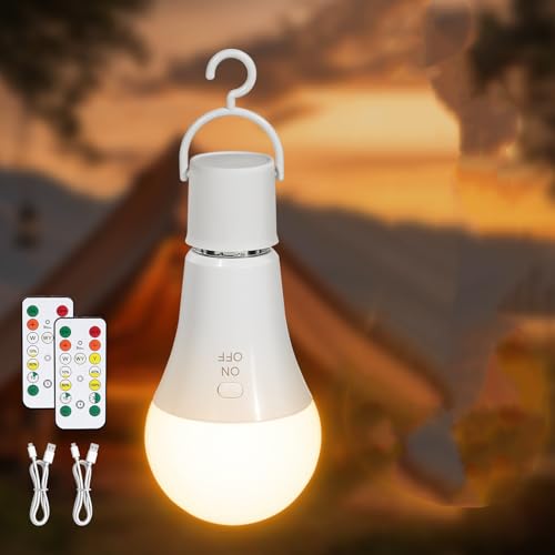 Kimjo Bombilla Recargable USB con Mando - Bombilla Inalámbrica sin Electricidad Punto E27 7W 3 Color Regulable - Luz de Emergencia Control de Botones