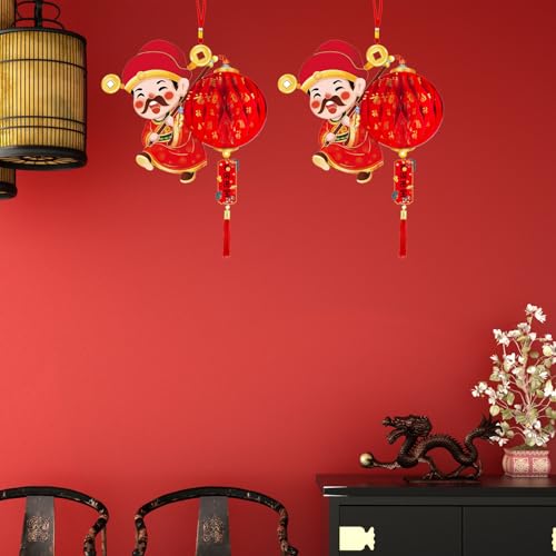 Image of 2PCS Chinese God of Wealth Lanterns Chinese New Year Red Paper Lanterns Chinese Hanging Ornament Festival Lanterns for Spring Festival