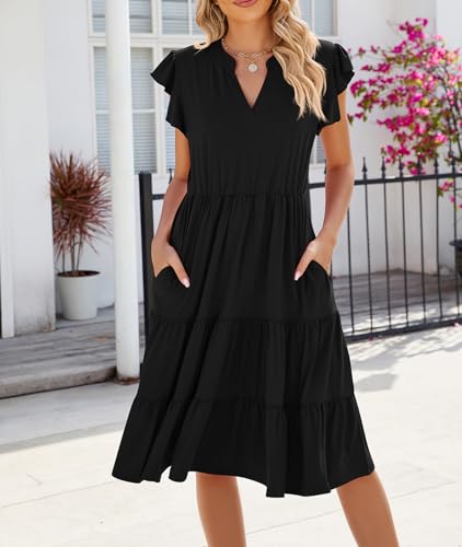 Image of Womens Summer Dress Ruffle Sleeve V Neck Midi Dresses Casual Fit Flowy Tiered Boho Beach Vacation Sundress
