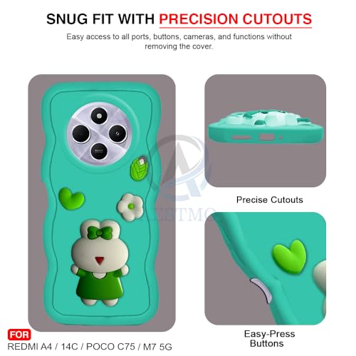 Image of AESTMO Back Case Cover for Redmi A4 / 14C / Poco C75 / M7 5G | 3D Cute Fun Cartoon Characters | Anti Slip Grip Cute Wave Curly Frame Shape | Full Body Protection Back Cover (Mint Green)