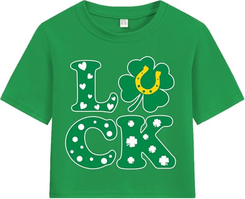 Image of Girls Crop Tops St Patricks Day T-Shirts Lucky Clover Short Sleeve Shirts Kids Shamrock Tees 5-14 Years