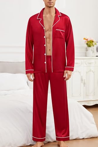 YOZLY Mens Silk Satin Pajamas Set Button-Down Loungewear 2 Pcs Pj Set Long Sleeve Sleepwear with Long Pants S-XXXL2