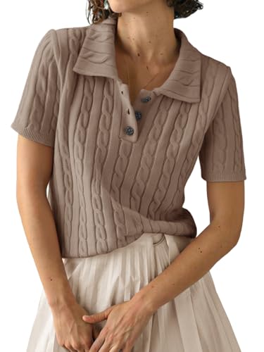Image of Imily Bela Womens Polo V Neck Pullovers Lightweight Short Sleeve Cable Knit Sweater Business Casual Summer Tops 2025