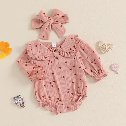 Lesimsam Newborn Baby Girl Valentines Outfit Heart Print Cotton Linen Long Sleeve Bubble Romper Peter Pan Collar Bodysuit3