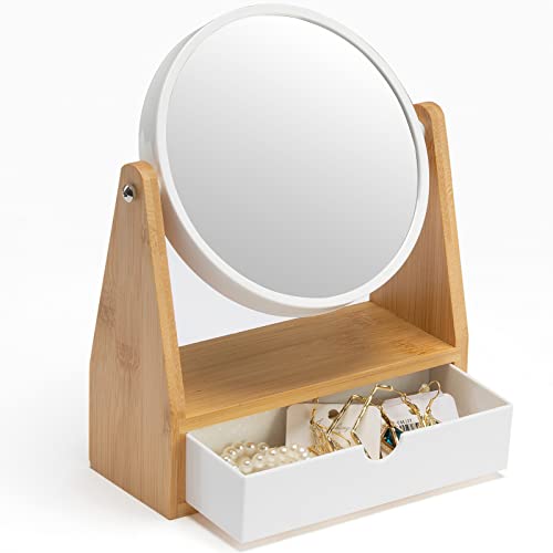 YEAKE Specchio da trucco Vanity con supporto in bambù naturale, specchio ingranditore a doppia faccia 1X/3X con cassetto, piccolo specchio portatile da tavolo da scrivania, specchio da bagno per