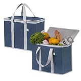 VENO 2 Pack Cooler Bag and Insulated Grocery Bags for Food Delivery, Collapsible Cooler, Reusable Shopping Bags for Groceries with Zipper, Foldable, Heavy-Duty, Stands Upright (Dark Blue, 2 Pack)