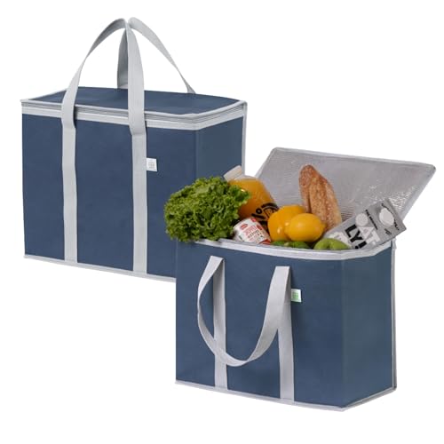 VENO 2 Pack Cooler Bag and Insulated Grocery Bags for Food Delivery, Collapsible Cooler, Reusable Shopping Bags for Groceries with Zipper, Foldable, Heavy-Duty, Stands Upright (Dark Blue, 2 Pack)