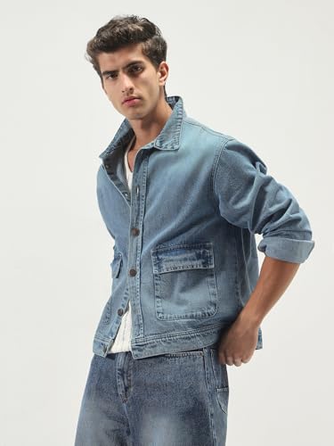 Image of Urbano Fashion Men's Relaxed Fit Full Sleeve Utility Denim Jacket