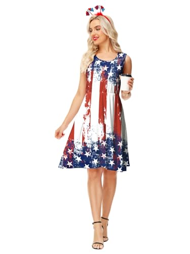 Image of Deerose 4th of July Dress for Women Sleeveless American Flag Patriotic Elastic High Waist Sundress