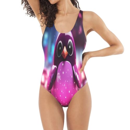 Maillot de bain femme une pièce rose imprimé pingouin joyeux