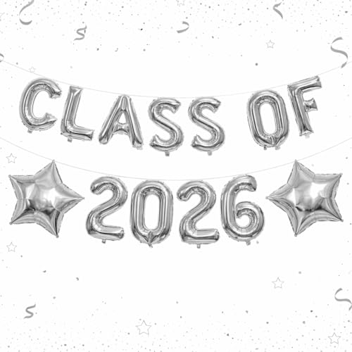 HILAVO Class of 2026 Balloons Silver Graduation Balloons Class of 2026 Grad Decorations with Silver Star Balloon for Leavers 2026 Graduation Party Decorations