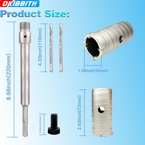 Image of 1-1 /4 inch Concrete Hole Saw, 32mm Tungsten Steel Core Bit for Cinder Block, Brick, Rock, Plank Walls for Pipes or mini Split Lines, with SDS Plus Shank and 2 Center Positioning Drill Bits.