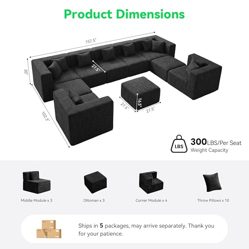 Image of MONVANE Oversized Boneless Sectional Couches for Living Room, 10-Seat Cloud Couch, Modular Sofa with Ottoman & 10 Throw Pillows, Comfy Chenille, No Assembly Required, Black